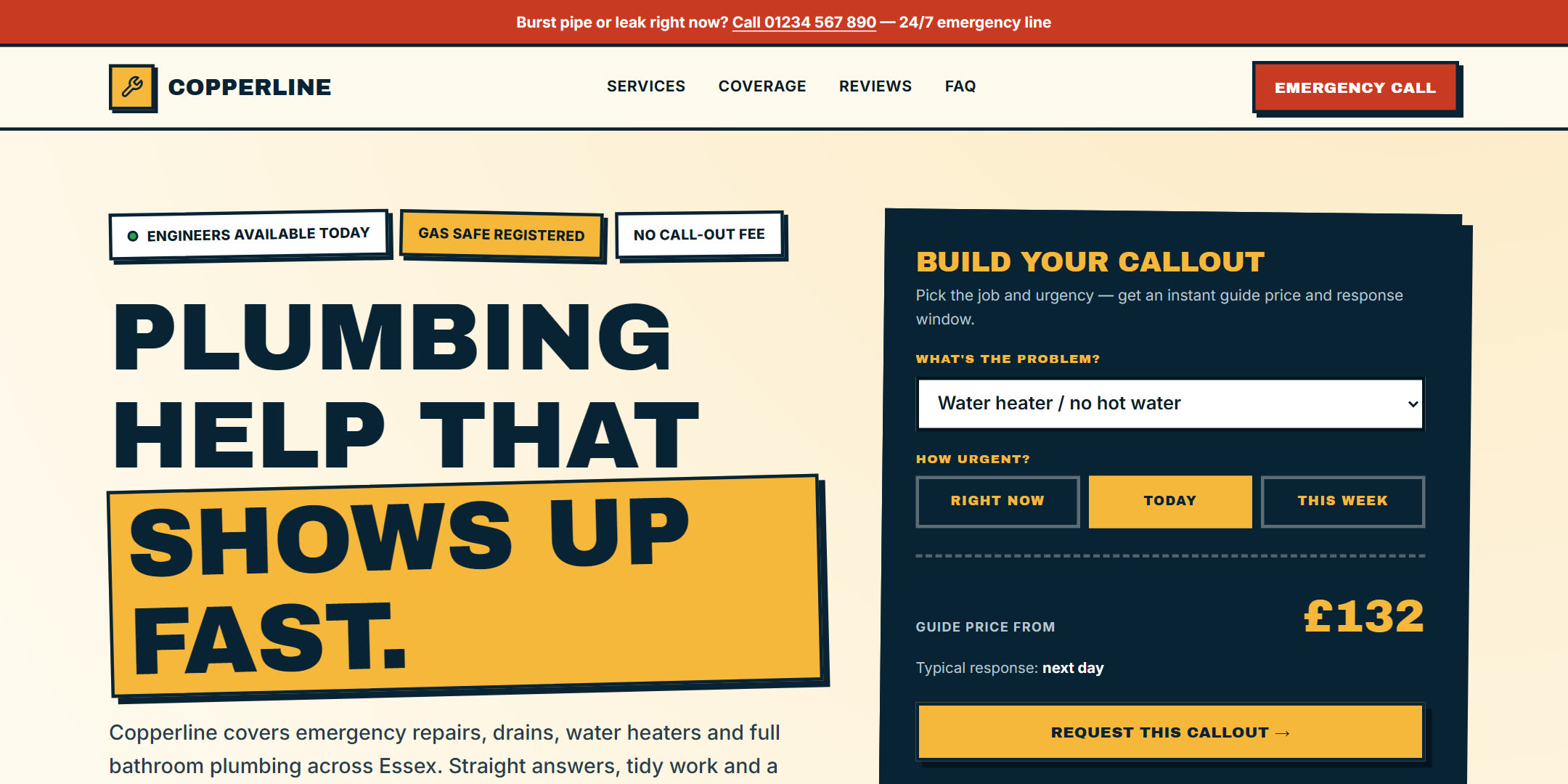 The same plumber rebuilt: a bold headline, an emergency call button and an instant callout price builder