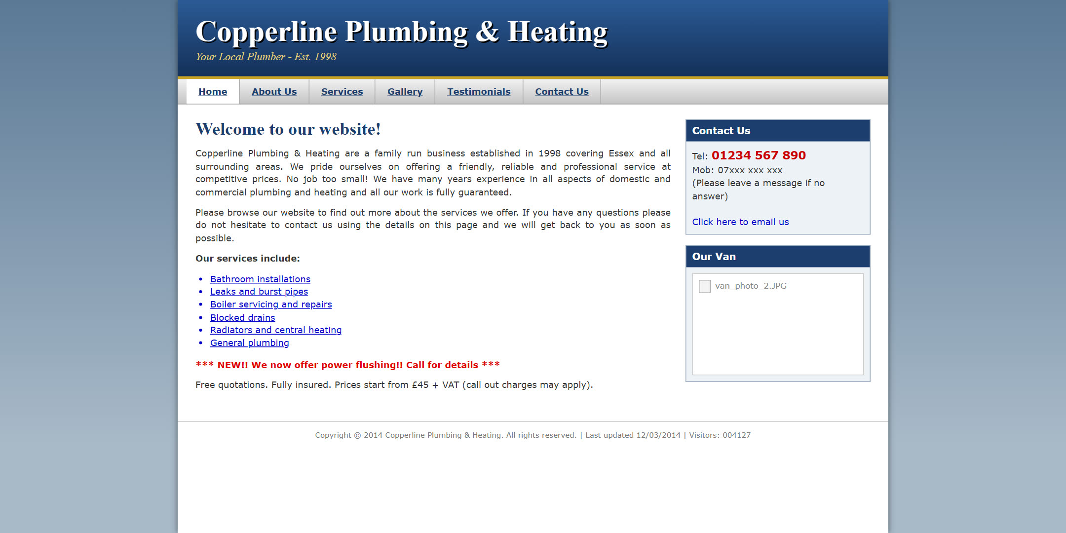 A dated plumber website: a blue Times New Roman header, underlined links, a wall of small text and a broken van photo